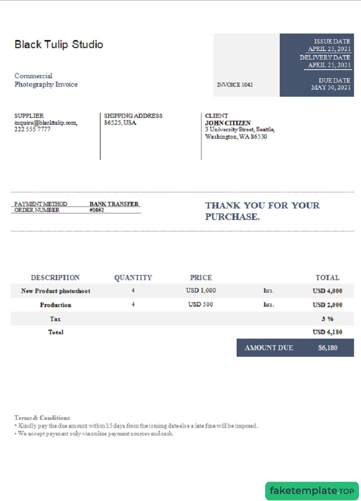 Feature of fake USA Black Tulip Studio invoice example